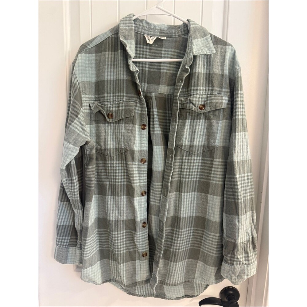 Roxy Women's Size M Green Gray Plaid Flannel Button Down Shirt Long Sleeve